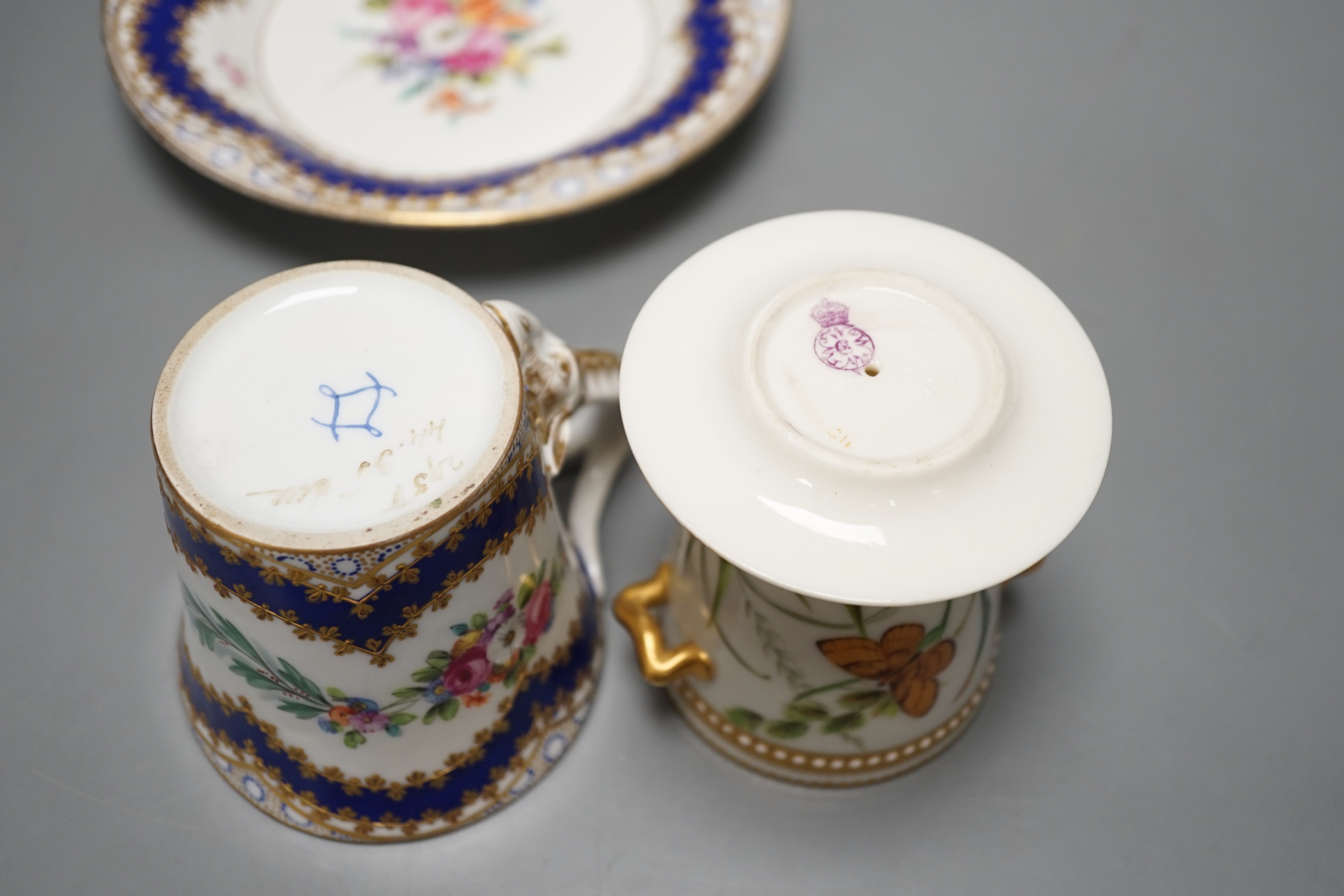 A late 19th century Royal Worcester cup and a Sevres style cup and saucer, diameter 16cm